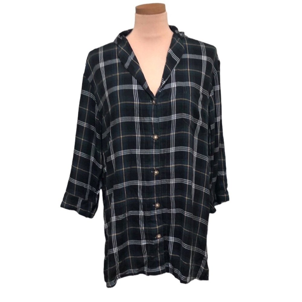 Frank & Eileen Holiday Shirt Size Small Navy Blue Green Plaid Modal Button Down